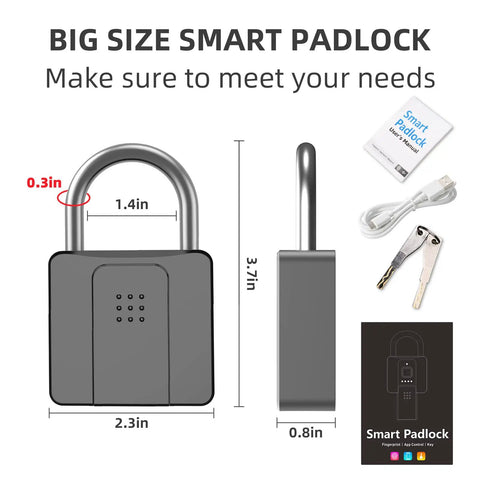 Heavy Duty Fingerprint Padlock With Bluetooth Outdoor Waterproof Smart Lock For Gates Fences Lockers Gyms Cabinets And Warehouses App Enabled 15 Fingerprints Includes 2 Keys shown in size guide with accessories