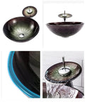 Slick Tempered Glass Bathroom Vessel Sink With Hardcore Waterfall Faucet Premium Countertop Wash Basin top view with intricate design