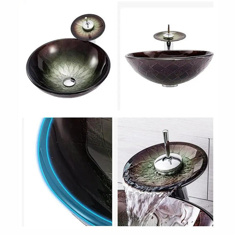 Top Shelf Tempered Glass Vessel Sink Built Tough As Nails With Slick Waterfall Faucet Flow For No Sweat Bathroom Vanity Setup And Easy Daily Washing That Looks Absolutely Straight Fire, showcasing different angles and details.