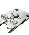 Heavy Duty Sectional Sofa Connector And Furniture Snap Bracket To Keep Couch Sections Locked Down Solid As Nails With Zero Sliding Or Gap Creeping After A Tool Free Setup close-up of metal connector with snap mechanism.