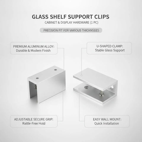 Glass Shelf Clips for Cabinets and Displays, Durable Aluminum Alloy Mounting Hardware, U-shaped stable support view