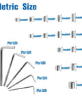 Stainless Steel Set Screws Kit With SAE And Metric Allen Head Socket Hex Grub Screws For Bathroom Fixtures And Door Handles From M3 To M8 And One Eighth To Five Sixteenth Inch Threads, showing metric sizes and hex wrenches.