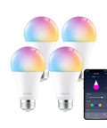 Smart LED Light Bulb Color Changing Dimmable WiFi Bluetooth Bulb Works With Alexa And Google Assistant Four Pack RGBCW shown with app.