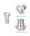 Straight Up Heavy Duty Knurled Thumb Screws And Brass Shoulder Bolts With Rock Solid Nickel Plated Grip Knobs For Top Shelf Hardware Assembly Eight Piece Pack close-up of knurled thumb screw with straight line texture and stepped head design