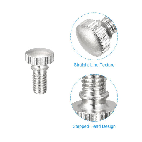 Straight Up Heavy Duty Knurled Thumb Screws And Brass Shoulder Bolts With Rock Solid Nickel Plated Grip Knobs For Top Shelf Hardware Assembly Eight Piece Pack close-up of knurled thumb screw with straight line texture and stepped head design
