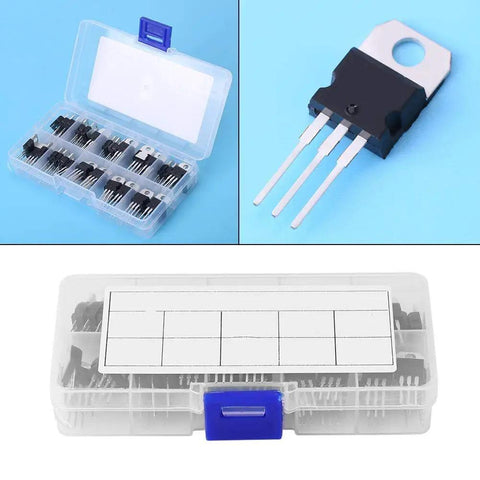 60 Piece Three Pin Transistor Assortment Kit Packing Top Shelf Semiconductor Gears And Beefy Noncontact Switch Blocks For Slick Workshop Mods Inside Neatly Sorted Plastic Crate.