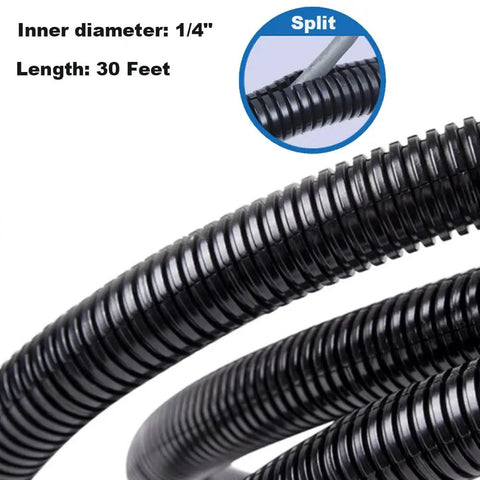 Close-up of black 30 Ft Split Wire Loom Tubing One Quarter Inch Inner 6mm Outer 9mm Cord Protector with Easy Split Design