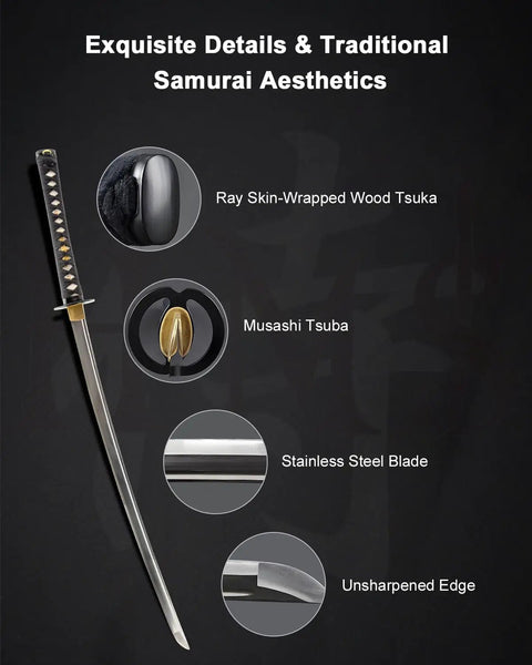 Unsharpened Stainless Steel Katana Iaito For Iaido Practice, 28.5 Inch Blade With Bo-Hi Fuller, ray-skin tsuka and Musashi tsuba details