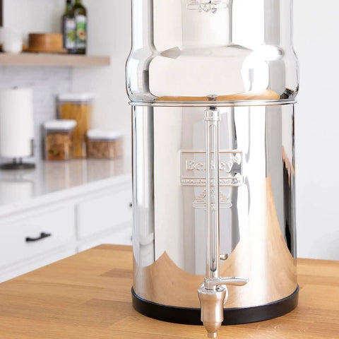 Gravity-Fed Water Filter System With Two High-Capacity Filtration Elements And Deluxe 7-Inch Stainless Steel Water View Spigot on countertop