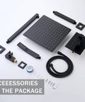 10-Inch Ceiling Mount Rainfall Shower System with All-Metal Handheld Sprayer in Matte Black accessories including shower head and hose