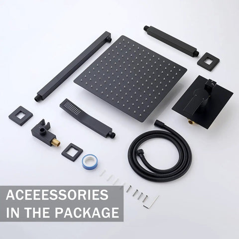 10-Inch Ceiling Mount Rainfall Shower System with All-Metal Handheld Sprayer in Matte Black accessories including shower head and hose