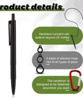 Infographic of 5 Sets 24 Inch Pen Leash Tether For Clipboard Lanyard Holder, features pen, silicone rings, and carabiner details.