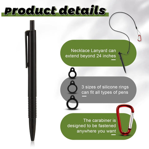 Infographic of 5 Sets 24 Inch Pen Leash Tether For Clipboard Lanyard Holder, features pen, silicone rings, and carabiner details.