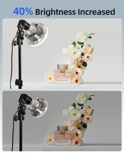 Pro Softbox Lighting Kit 16x16in with 135W LED bulb showing increased brightness effect on flowers and perfume setup