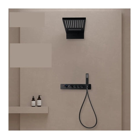 RIBEUJIZS Digital Shower System, Black Bathroom Thermostatic Shower System, modern wall-mounted shower with handheld and overhead shower head.