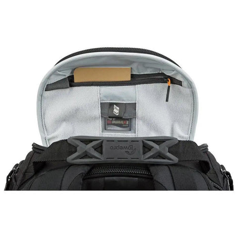 Interior view of ProTactic 450 AW II Camera Backpack With All Weather Cover showing dividers and compartments for gear.