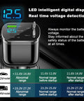 Retractable Four In One Car Charger With Built Dual USBC Cables Durable PC Housing Built Tough For Rough Drives digital display showing voltage
