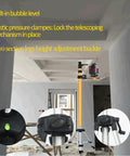 Pro Grade Adjustable Telescopic Laser Level Mounting Pole With Tripod Extends To 13.78 Ft 4.2 m 5/8-11 Rotating Nut Fast Setup Horizontal Leveling Adapter For Builders Contractors And DIY Pros. Telescopic aluminum pole with bubble level and tripod in room