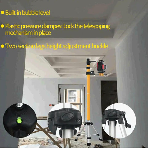 Pro Grade Adjustable Telescopic Laser Level Mounting Pole With Tripod Extends To 13.78 Ft 4.2 m 5/8-11 Rotating Nut Fast Setup Horizontal Leveling Adapter For Builders Contractors And DIY Pros. Telescopic aluminum pole with bubble level and tripod in room