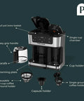 Dual Brew Coffee Maker With 12 Cup Glass Carafe And Single Serve Pods Programmable Touchscreen For Ground Coffee Or K Cup Auto Shut Off Black shown with parts labeled: full pot brew basket, single cup chamber, carafe, warming plate, capsule holder.
