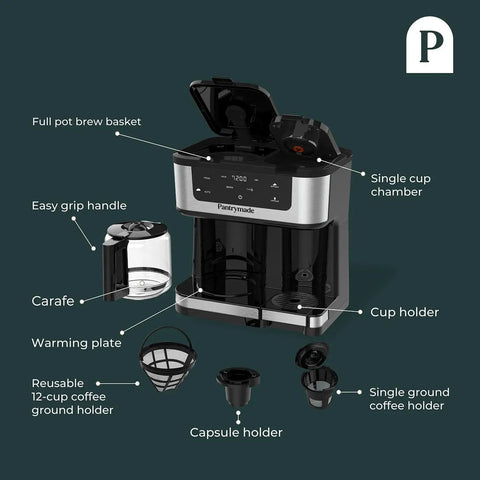 Dual Brew Coffee Maker With 12 Cup Glass Carafe And Single Serve Pods Programmable Touchscreen For Ground Coffee Or K Cup Auto Shut Off Black shown with parts labeled: full pot brew basket, single cup chamber, carafe, warming plate, capsule holder.