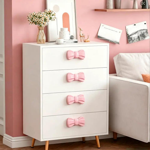 Top Tier Pink Bow Ceramic Cabinet Knobs And Decorative Drawer Pulls With Mounting Screws For Single Hole Furniture Updating That Chic Coquette Vibe That Truly Hits Different Daily on white dresser.