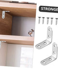 Stainless Steel L Brackets With Screws Set For Raised Garden Beds And Furniture Frames showing brackets on wooden shelves.