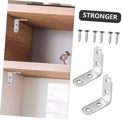 Stainless Steel L Brackets With Screws Set For Raised Garden Beds And Furniture Frames showing brackets on wooden shelves.