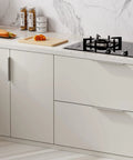 Kitchen scene with brushed nickel 10 pack 5 inch edge finger cabinet pulls aluminum alloy hardware on cupboard