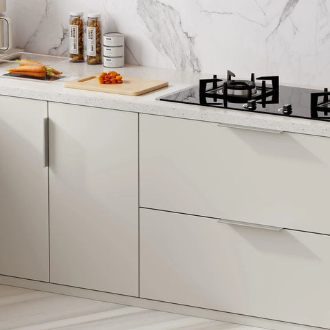 Kitchen scene with brushed nickel 10 pack 5 inch edge finger cabinet pulls aluminum alloy hardware on cupboard