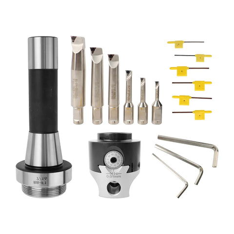 R8 Boring Head With Two Inch Shank Boring Tool Set And Six Piece One Half Inch Carbide Boring Bar Set With Inserts Included