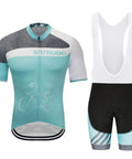 Teal and white cycling jersey and bib shorts set with geometric design.