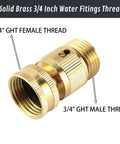 Solid Brass Garden Hose Quick Connector Kit, Three Quarter Inch GHT Threaded Couplings, showing male and female threads