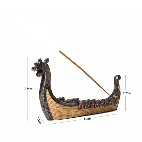 Hand Carved Dragon Boat Incense Holder For Stick Incense Burners, side view with measurements, dragon-shaped decoration