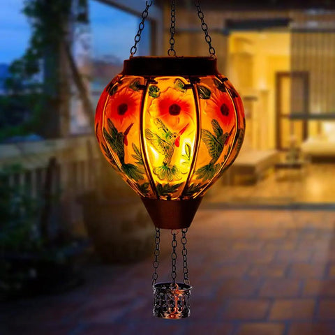 Hummingbird Hot Air Balloon Solar Lantern Outdoor Hanging Light With Flickering Flame Metal And Glass Waterproof Lanterns