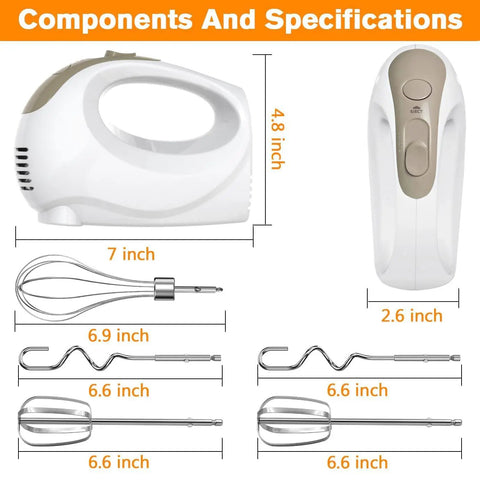 Top Shelf 5 Speed Electric Hand Mixer With Five Heavy Duty Stainless Steel Whisks And A Workhorse 120 Watt Motor For Killing It On Every Bake And Piping Smooth Frosting No Sweat In Classic White dimensions display with mixer and whisks.