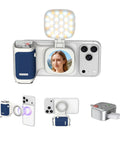 Magnetic iPhone Camera Grip With LED Fill Light And Mirror For iPhone 17 Pro Optimized For iOS 26 And Compatible With iOS 18 Native Camera Includes Anti Drop Detachable Remote And Keychain For Safe Pro Level Shots, product overview with illuminated LED, grip and remote details