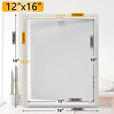Heavy Duty Drywall Ceiling Access Panel 12 By 16 Inches with Reinforced Plastic Wall Door, front view, dimensions labeled