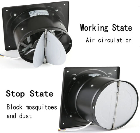 8 Inch Through Wall Exhaust Fan With 500CFM, 110V, 80W, showing working and stop state with open and closed shutters.