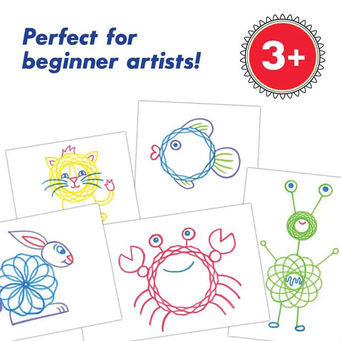 Jumbo Spiral Gear Art Kit for Kids 3 And Up showing colorful animal spiral designs with easy grip gears.