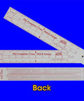 All In One Cross Stitch Gauge With Scales For 11 14 16 18 20 22 25 26 28 30 32 And 36 Count Fabrics Lets You Count Stitches Size Designs And Plan Where To Start Plus Floss Number Comparison Chart For DMC Coast And Anchor, back view showing fabric scales and color chart.