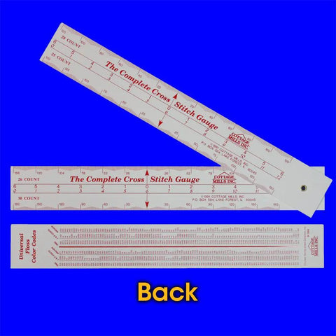 All In One Cross Stitch Gauge With Scales For 11 14 16 18 20 22 25 26 28 30 32 And 36 Count Fabrics Lets You Count Stitches Size Designs And Plan Where To Start Plus Floss Number Comparison Chart For DMC Coast And Anchor, back view showing fabric scales and color chart.