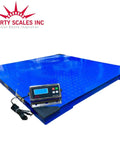 Heavy Duty Floor Scale With Digital Indicator Built Like A Tank For Warehouse Shipping And Medium Duty Industrial Weighing Massive Forty Eight By Forty Eight Inch Pallet Platform Deadlift Ready 10000 Pound Capacity Gangpack Of Eight, blue steel platform with digital display.