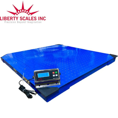 Heavy Duty Floor Scale With Digital Indicator Built Like A Tank For Warehouse Shipping And Medium Duty Industrial Weighing Massive Forty Eight By Forty Eight Inch Pallet Platform Deadlift Ready 10000 Pound Capacity Gangpack Of Eight, blue steel platform with digital display.