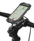 Xmount Pro Bicycle Phone Holder Mount For Any Handlebar with smartphone secured, showing map navigation on bike handlebars.