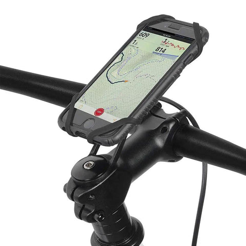 Xmount Pro Bicycle Phone Holder Mount For Any Handlebar with smartphone secured, showing map navigation on bike handlebars.