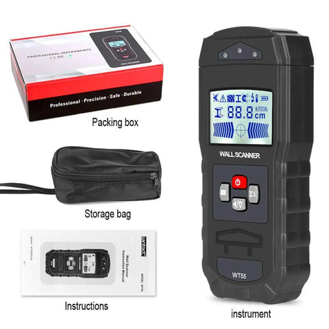 4 In 1 Electronic Stud Finder Wall Scanner To Nail Center Detection And Sound Alerts For Scouting Wooden Studs Copper Pipe Metal Clips Plus Live Ac Cables Making Home Repair A Breeze For Any Garage Tinkerer showing tool with packaging, storage bag, and instructions.