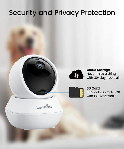 Indoor Pet Cam 2K Security Cam With Motion Alerts And Pan Tilt displayed with SD card and cloud storage options.
