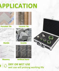 Image showing applications for Diamond Core Drill Bits Set For Porcelain Ceramic Tile Granite Marble Pro Grade with carrying case.