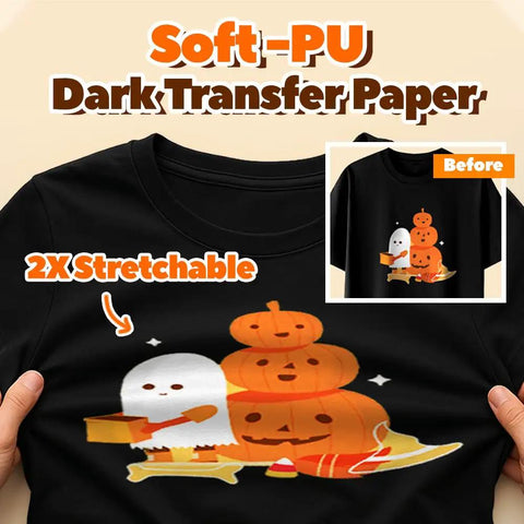 Dark fabric T-shirt with printed ghost and pumpkins design using PU Heat Transfer Paper For Inkjet Printer, 10 sheets, easy peel.